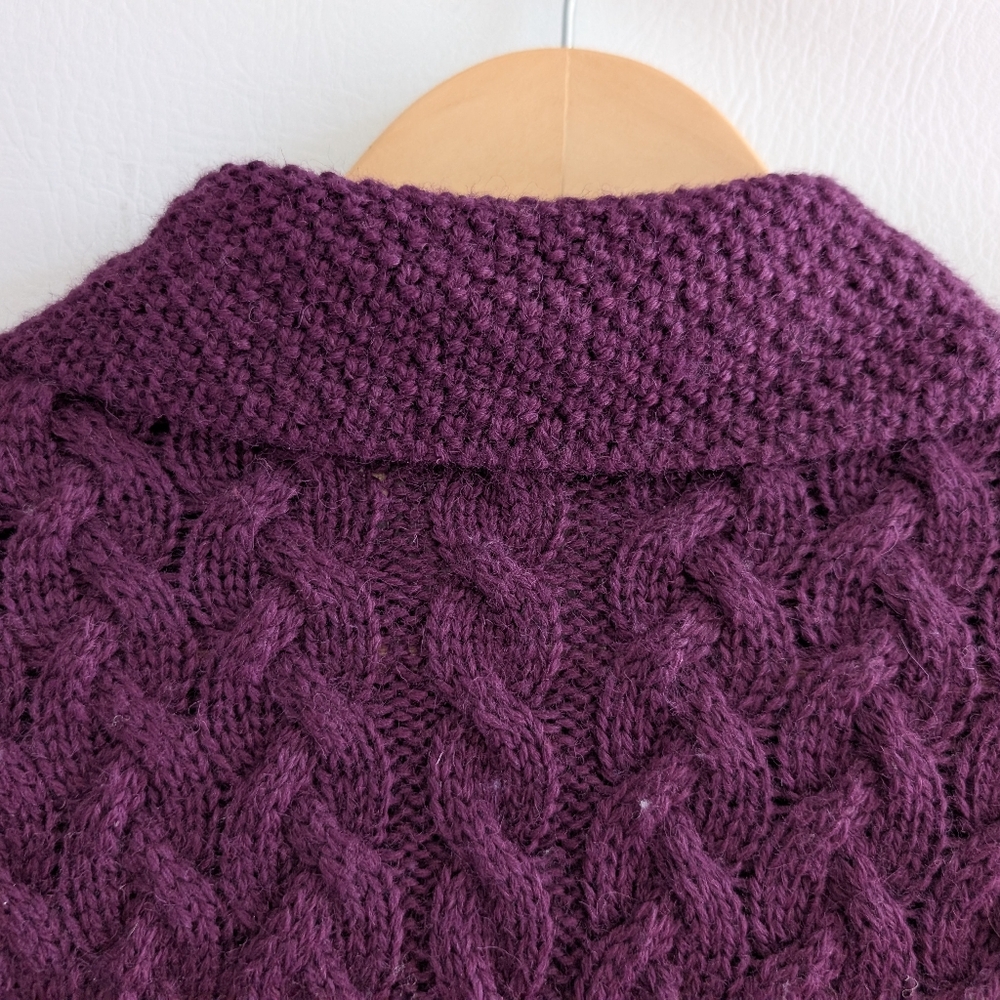 Shades Of Aran Ireland Purple Wool Fisherman Cable Knit Zipper Cardigan Sweater - Picture 7 of 13